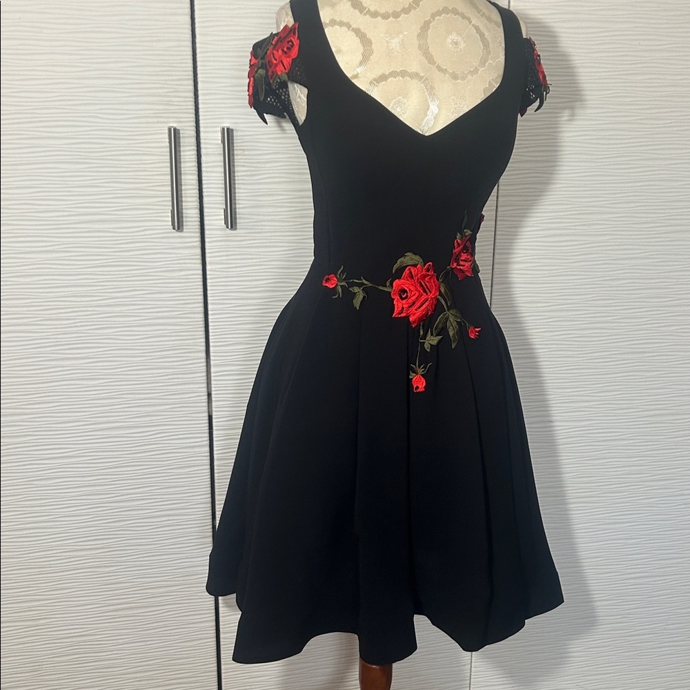 Chic Black Dress with Red Floral Embroidery, Like New, Sz 2/4